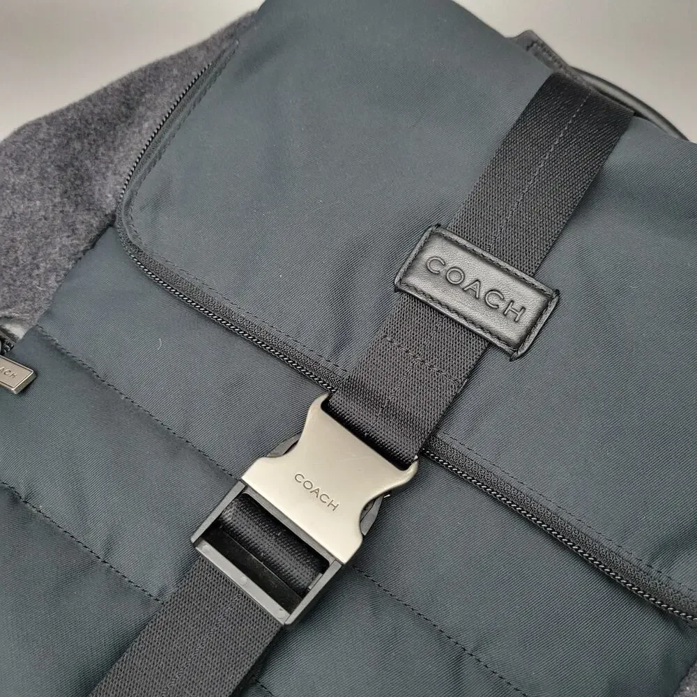 Coach Mens Varick Flap Backpack Mixed Fabic Wool Leather Black Metal Buckle Rare